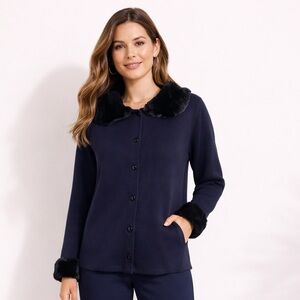 Belldini Navy Black Button-Up Cardigan Jacket with Faux Fur Collar/Cuffs Size L